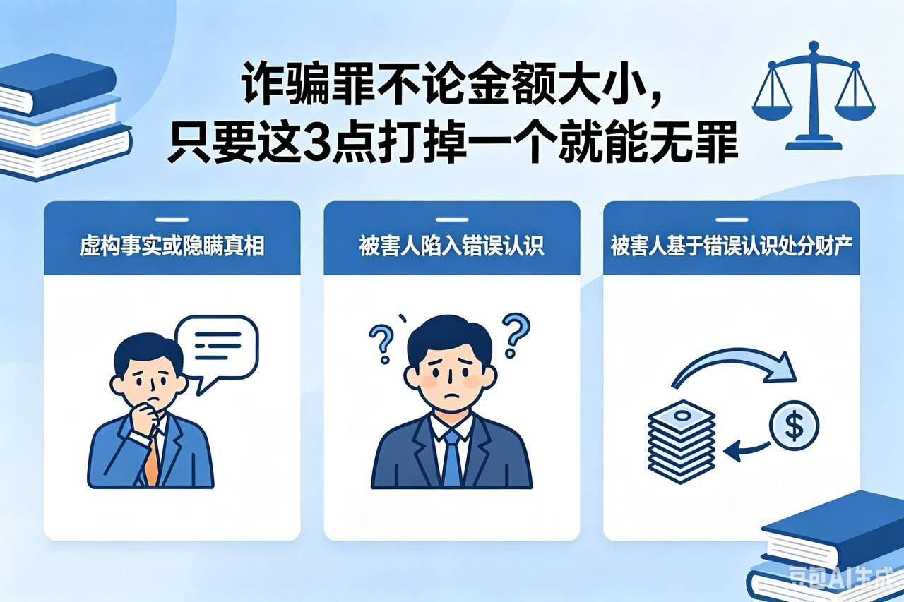 诈骗罪无论金额大小，只要打掉这三个点就能够无罪。诈骗是所有罪名当中最容易做无罪化处理的罪名之一。